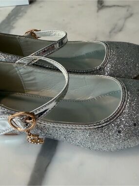 Silver Glitter Mary Jane Flats with Gold Accent